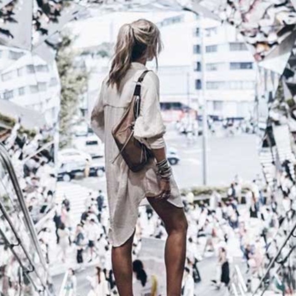 Boho Linen White Button Down Shirt high low Dress - Picture 4 of 5